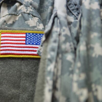 US flag patch on military uniform.
