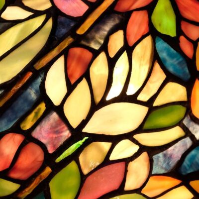 A close up of a stained glass window.