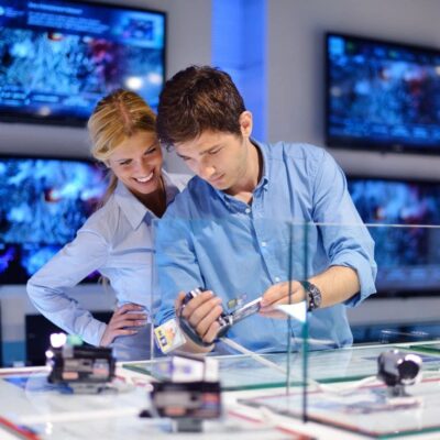 A man and woman looking at electronics in a store.