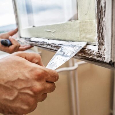 A man is using a paint brush to paint a window.