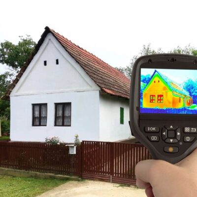 Thermal camera showing heat signatures on a white house.