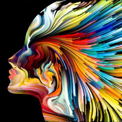 Abstract colorful painting of a woman's face.