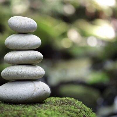 A stack of stones on top of moss.