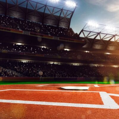 A baseball field in the sun.