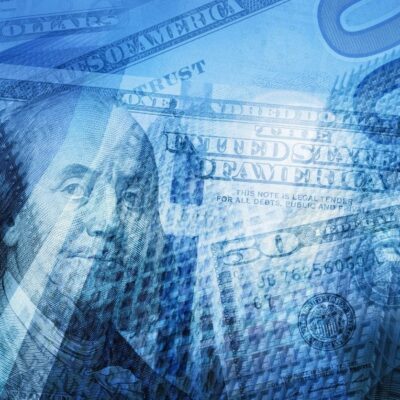 A blue background with a man and a dollar bill.