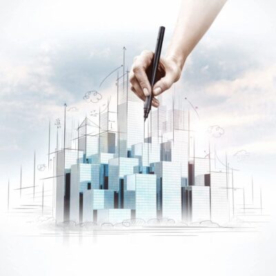 A hand is drawing a city with a pen.