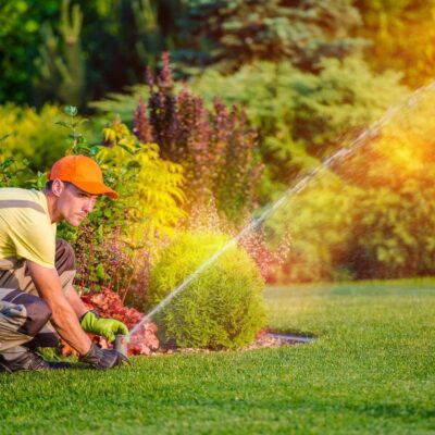 Landscaper installing sprinkler system.