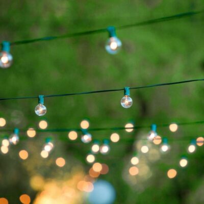 A string of lights with green and blue lights.