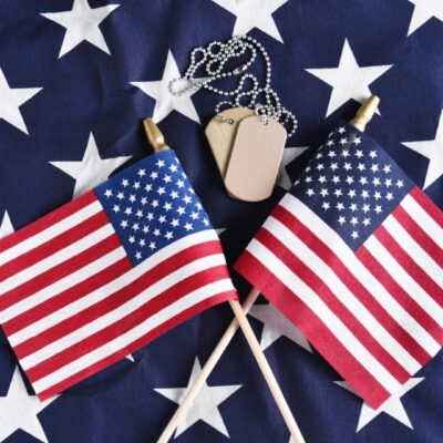 American flags, dog tags, military tribute.