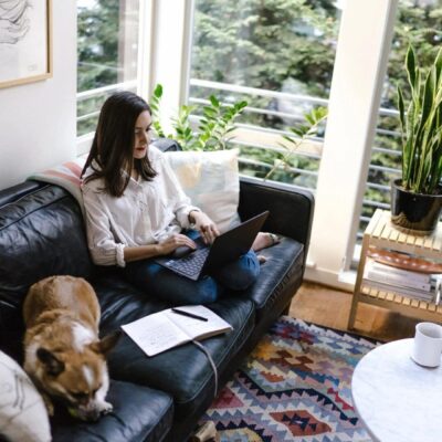 A woman sitting on a couch with her dog and laptop.
