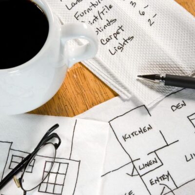 A cup of coffee and a sketch of a house on a table.