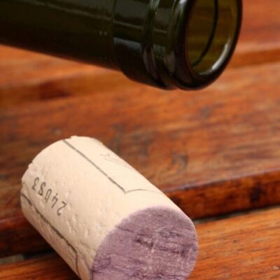 A wine cork on its side with a wine bottle above it.