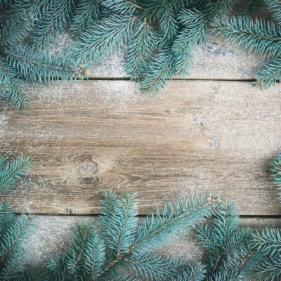 A wooden table with some blue pine needles on it