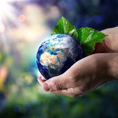Hands holding a small Earth with green leaves symbolizing care for the planet.