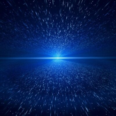 A blue space background with stars and a starburst.