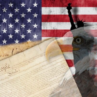 American flag, Statue of Liberty, and Constitution collage symbolizing U.S. freedom.