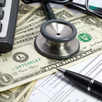 Stethoscope, money, and medical bills.