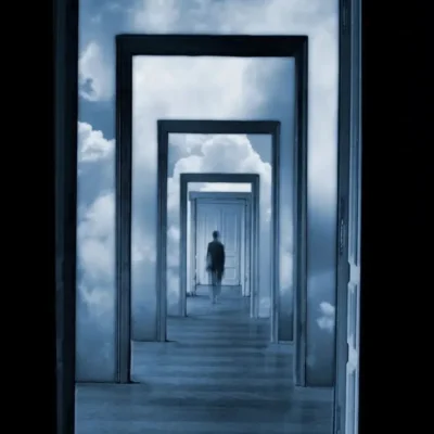 Here's an alt tag for the image: Person walking through endless doors to sky.