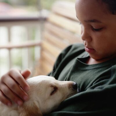 Boy gently petting a small puppy.