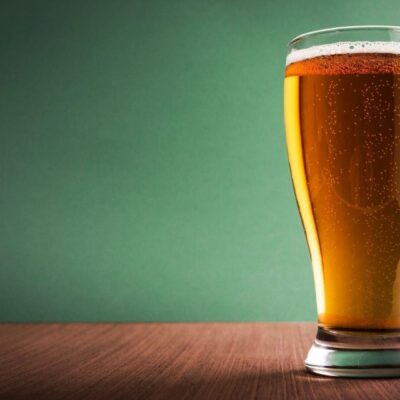 A glass of beer sitting on a wooden table.