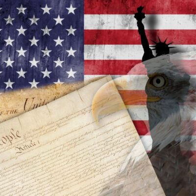 An eagle and an american flag.