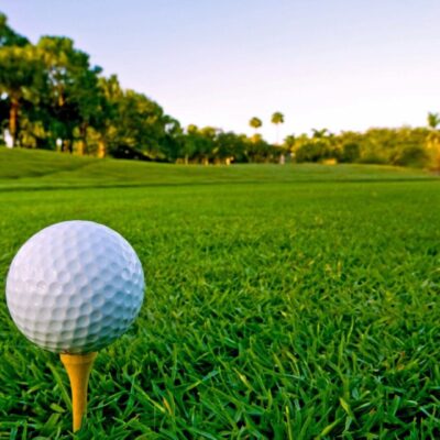A golf ball sits on a tee in the grass.