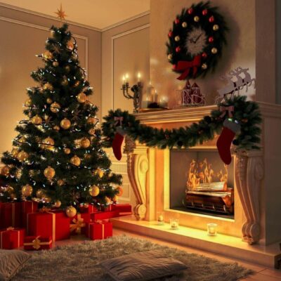 A christmas tree and presents in front of a fireplace.