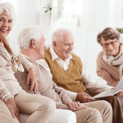 A group of people sitting around each other.