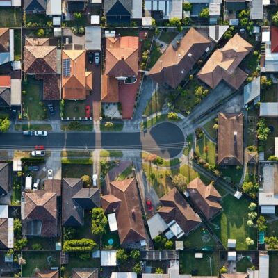 An aerial view of a suburban neighborhood.