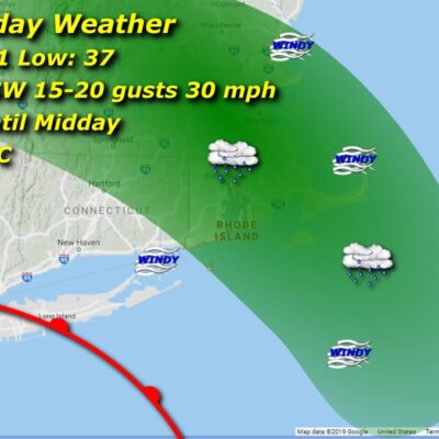Weather map showing Thursday's forecast details.