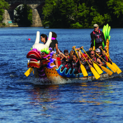 Dragon boat team racing on water.