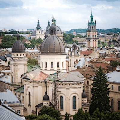 An aerial view of a city with many buildings.