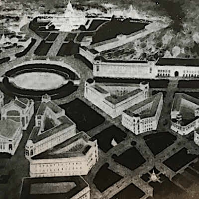 A black and white drawing of a city.